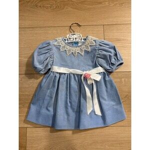 Vintage Baby Girl Dress Blue Velvet Lace Collar White Sash Puff Sleeve 3m